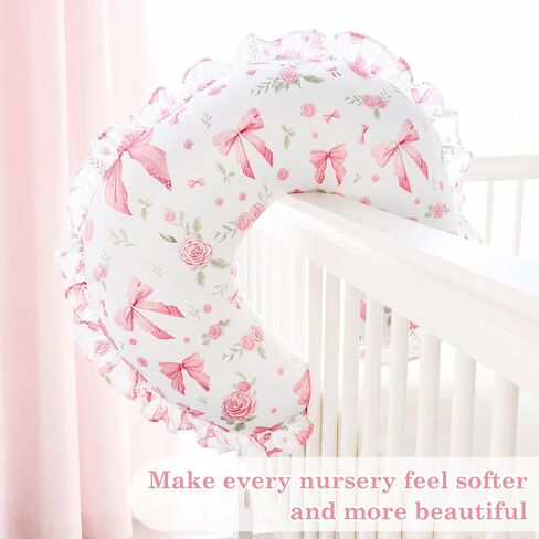 Nursing Pillow Cover for Baby Girl, Soft Stretch Breastfeeding Pillow Cover Pink Floral, Elegant Ruffled Trim & Rose Bow Design for Feeding Moment, Hidden Zipper, Machine Washable in Kuwait