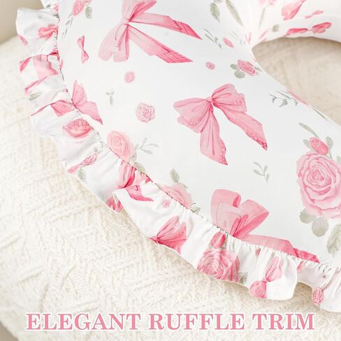 Nursing Pillow Cover for Baby Girl, Soft Stretch Breastfeeding Pillow Cover Pink Floral, Elegant Ruffled Trim & Rose Bow Design for Feeding Moment, Hidden Zipper, Machine Washable in Kuwait