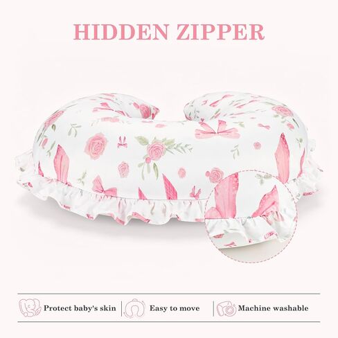 Nursing Pillow Cover for Baby Girl, Soft Stretch Breastfeeding Pillow Cover Pink Floral, Elegant Ruffled Trim & Rose Bow Design for Feeding Moment, Hidden Zipper, Machine Washable in Kuwait