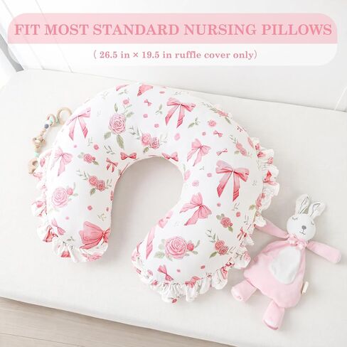 Nursing Pillow Cover for Baby Girl, Soft Stretch Breastfeeding Pillow Cover Pink Floral, Elegant Ruffled Trim & Rose Bow Design for Feeding Moment, Hidden Zipper, Machine Washable in Kuwait