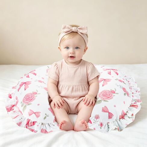 Nursing Pillow Cover for Baby Girl, Soft Stretch Breastfeeding Pillow Cover Pink Floral, Elegant Ruffled Trim & Rose Bow Design for Feeding Moment, Hidden Zipper, Machine Washable in Kuwait