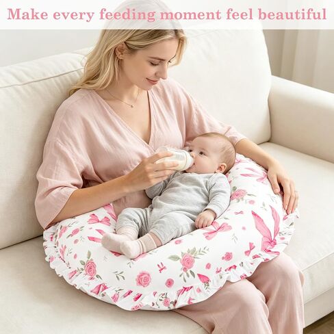 Nursing Pillow Cover for Baby Girl, Soft Stretch Breastfeeding Pillow Cover Pink Floral, Elegant Ruffled Trim & Rose Bow Design for Feeding Moment, Hidden Zipper, Machine Washable in Kuwait