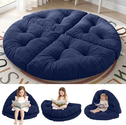 blue page Round Kids Play Mat 5.9 in Thick, 6-in-1 Circle Nursery Rug | Reversible Corduroy Padded Playmat for Ages 3+, Comfy Floor Rug for Nursery Playroom Reading Corner, Large Nap Mat 47x47 In in Kuwait