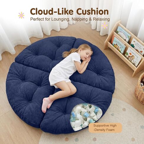 blue page Round Kids Play Mat 5.9 in Thick, 6-in-1 Circle Nursery Rug | Reversible Corduroy Padded Playmat for Ages 3+, Comfy Floor Rug for Nursery Playroom Reading Corner, Large Nap Mat 47x47 In in Kuwait