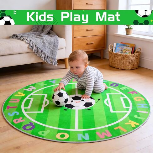 ABC Circle Rug, 4ft Playroom Rug with Soccer & ABC Alphabet, Soft Soccer Rugs for Kids, Non-Slip Circle Rugs for Baby, Toddlers, Boys Girls in Kuwait