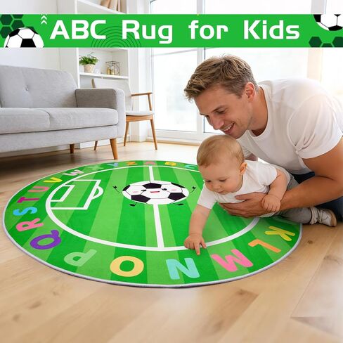 ABC Circle Rug, 4ft Playroom Rug with Soccer & ABC Alphabet, Soft Soccer Rugs for Kids, Non-Slip Circle Rugs for Baby, Toddlers, Boys Girls in Kuwait