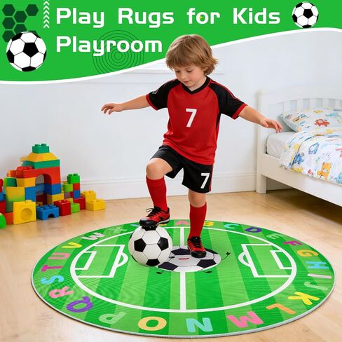 ABC Circle Rug, 4ft Playroom Rug with Soccer & ABC Alphabet, Soft Soccer Rugs for Kids, Non-Slip Circle Rugs for Baby, Toddlers, Boys Girls in Kuwait
