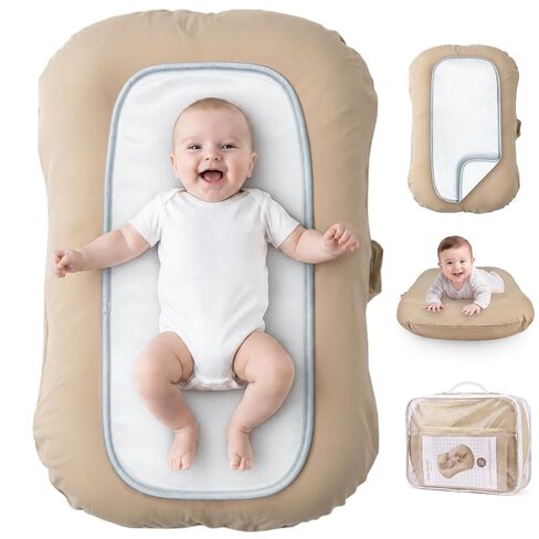 Baby Lounger for Newborn - Infant Lounger 0-24 Months, Soft Breathable Cotton, Perfect for Tummy Time, Portable Baby Nest Pillow for Home & Travel (Light Camel, Cover Included) in Kuwait