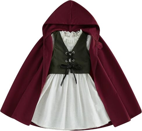 Toddler Girls Medieval Lace Trim Dress Hooded Cloak Vest 3Pcs Outfit in Kuwait