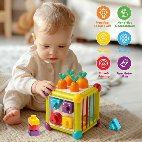 Montessori Activity Cube Toys for Baby, 6-in-1 Shape Sorting Toy, Fine Motor Learning Game for Toddlers 1-3 in Kuwait
