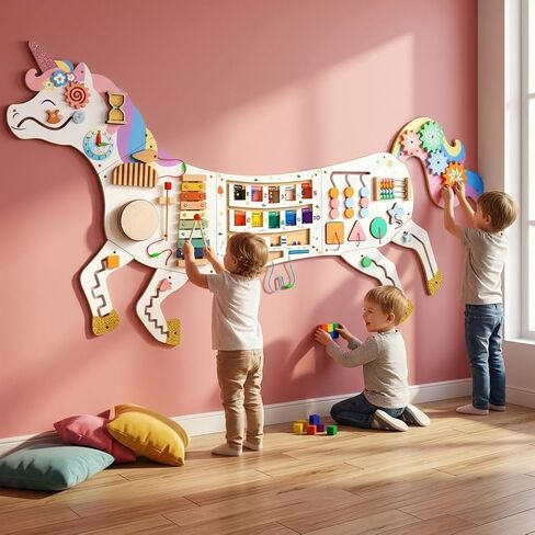5FT Large Unicorn Activity Wall Busy Board Panels Wooden Learning Activity Center Montessori Sensory Wall Panel for Kids Interactive Educational Toy for Playroom Daycare Nursery Classroom Decor Gift in Kuwait