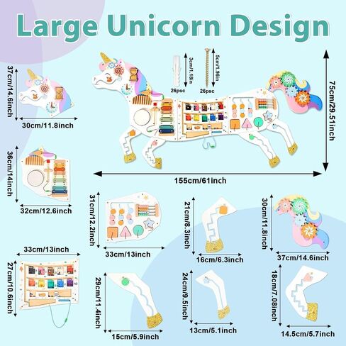 5FT Large Unicorn Activity Wall Busy Board Panels Wooden Learning Activity Center Montessori Sensory Wall Panel for Kids Interactive Educational Toy for Playroom Daycare Nursery Classroom Decor Gift in Kuwait