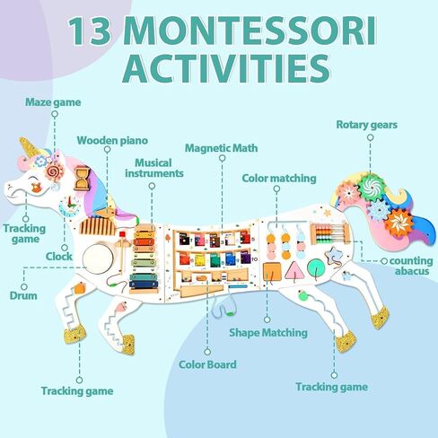 5FT Large Unicorn Activity Wall Busy Board Panels Wooden Learning Activity Center Montessori Sensory Wall Panel for Kids Interactive Educational Toy for Playroom Daycare Nursery Classroom Decor Gift in Kuwait