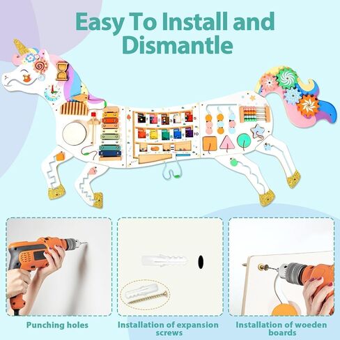 5FT Large Unicorn Activity Wall Busy Board Panels Wooden Learning Activity Center Montessori Sensory Wall Panel for Kids Interactive Educational Toy for Playroom Daycare Nursery Classroom Decor Gift in Kuwait