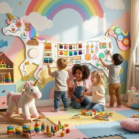 5FT Large Unicorn Activity Wall Busy Board Panels Wooden Learning Activity Center Montessori Sensory Wall Panel for Kids Interactive Educational Toy for Playroom Daycare Nursery Classroom Decor Gift in Kuwait