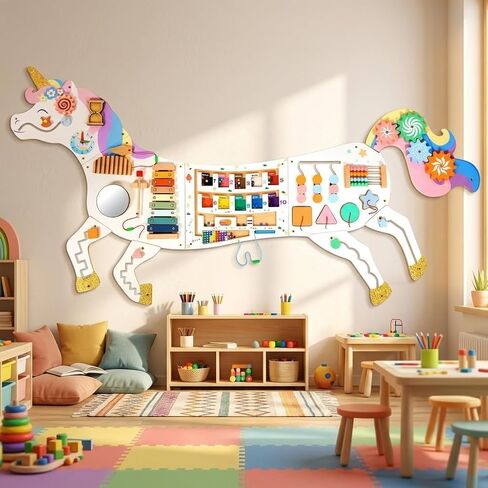 5FT Large Unicorn Activity Wall Busy Board Panels Wooden Learning Activity Center Montessori Sensory Wall Panel for Kids Interactive Educational Toy for Playroom Daycare Nursery Classroom Decor Gift in Kuwait