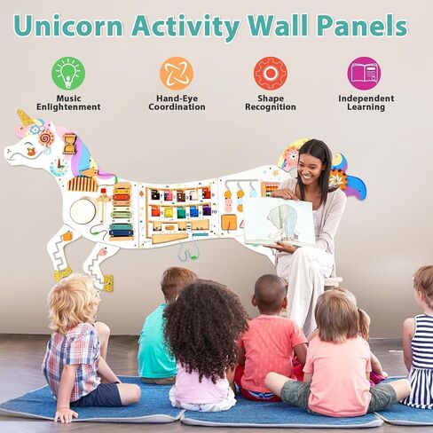 5FT Large Unicorn Activity Wall Busy Board Panels Wooden Learning Activity Center Montessori Sensory Wall Panel for Kids Interactive Educational Toy for Playroom Daycare Nursery Classroom Decor Gift in Kuwait