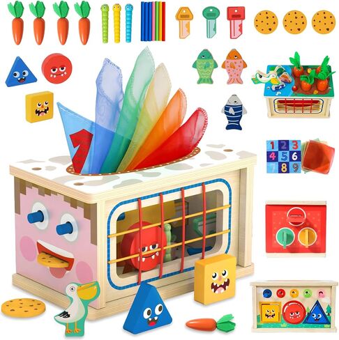 Ancaixin 8-in-1 Montessori Baby Tissue Box Toy for 12+Months, Activity Cube | Sensory Toys for Toddlers 1-3 Preschool Learning, Wooden Puzzles 12-18 Months, 1 Year Old Boys Girls Baby Birthday Gift in Kuwait