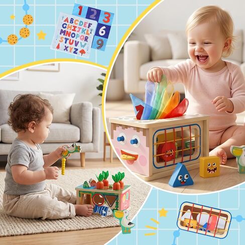 Ancaixin 8-in-1 Montessori Baby Tissue Box Toy for 12+Months, Activity Cube | Sensory Toys for Toddlers 1-3 Preschool Learning, Wooden Puzzles 12-18 Months, 1 Year Old Boys Girls Baby Birthday Gift in Kuwait
