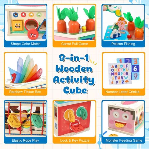 Ancaixin 8-in-1 Montessori Baby Tissue Box Toy for 12+Months, Activity Cube | Sensory Toys for Toddlers 1-3 Preschool Learning, Wooden Puzzles 12-18 Months, 1 Year Old Boys Girls Baby Birthday Gift in Kuwait