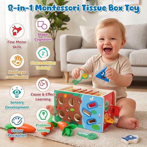 Ancaixin 8-in-1 Montessori Baby Tissue Box Toy for 12+Months, Activity Cube | Sensory Toys for Toddlers 1-3 Preschool Learning, Wooden Puzzles 12-18 Months, 1 Year Old Boys Girls Baby Birthday Gift in Kuwait