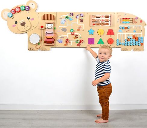 5FT Large Bear Activity Wall Busy Board Wooden Sensory Wall Panel Educational Montessori Toys for Toddler Kids Interactive Sensory Activity Board Learning Center Playroom Daycare Nursery Decor in Kuwait