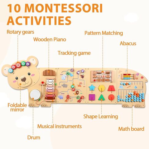 5FT Large Bear Activity Wall Busy Board Wooden Sensory Wall Panel Educational Montessori Toys for Toddler Kids Interactive Sensory Activity Board Learning Center Playroom Daycare Nursery Decor in Kuwait
