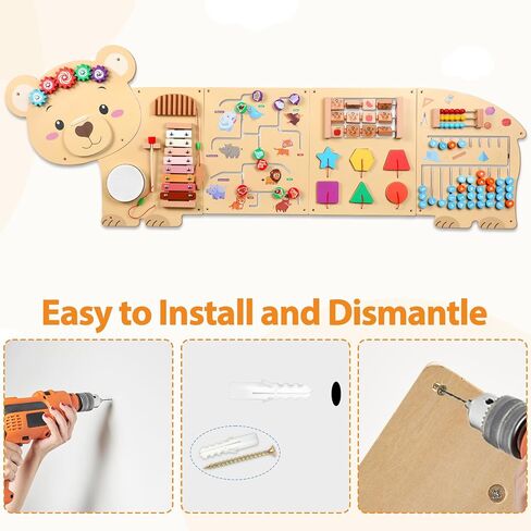 5FT Large Bear Activity Wall Busy Board Wooden Sensory Wall Panel Educational Montessori Toys for Toddler Kids Interactive Sensory Activity Board Learning Center Playroom Daycare Nursery Decor in Kuwait