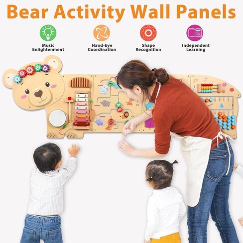 5FT Large Bear Activity Wall Busy Board Wooden Sensory Wall Panel Educational Montessori Toys for Toddler Kids Interactive Sensory Activity Board Learning Center Playroom Daycare Nursery Decor in Kuwait