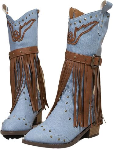 Women's Fringe Rivet Western Cowboy Mid Calf Boots with Side Zipper Fashion Buckle Strap Pointed Toe Chunky Heel Tassel Cowgirl Boots for Country Music Festivals Party Riding Boots in Kuwait