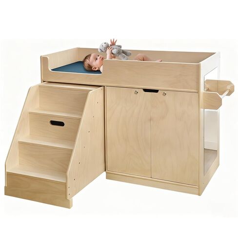 Wooden Baby Changing Table with Mirror, 100% Birch Plywood Toddler Diaper Changing Station with Stairs & Storage, Montessori Furniture for Daycare, Nursery, Home, School in Kuwait