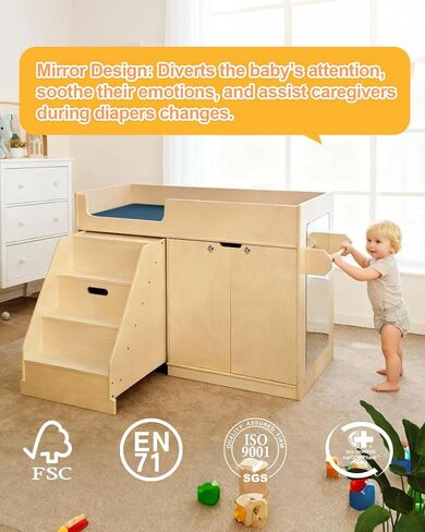 Wooden Baby Changing Table with Mirror, 100% Birch Plywood Toddler Diaper Changing Station with Stairs & Storage, Montessori Furniture for Daycare, Nursery, Home, School in Kuwait