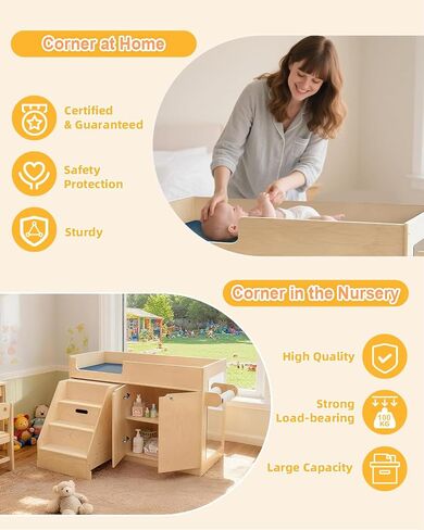 Wooden Baby Changing Table with Mirror, 100% Birch Plywood Toddler Diaper Changing Station with Stairs & Storage, Montessori Furniture for Daycare, Nursery, Home, School in Kuwait