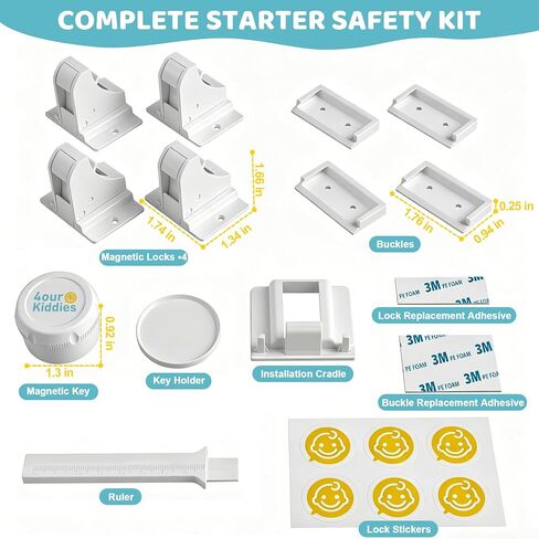 Magnetic Cabinet Locks 4 Locks + 1 Key, Baby Proofing Child Safety Locks for Cabinets, Cupboards and Drawers, Invisible No Drill Adhesive Design with Easy Installation Template & Screws, Starter Kit in Kuwait
