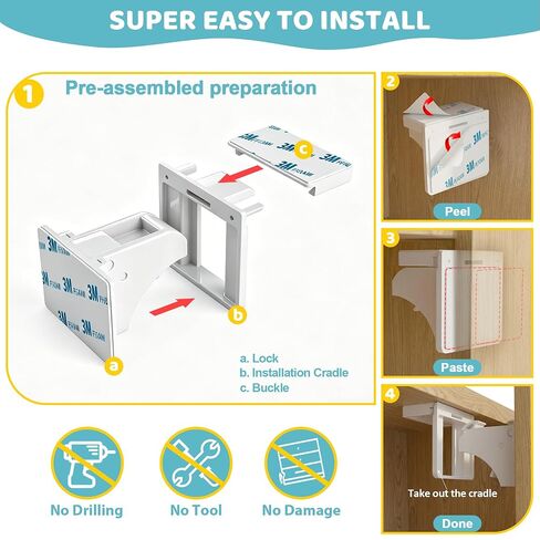 Magnetic Cabinet Locks 4 Locks + 1 Key, Baby Proofing Child Safety Locks for Cabinets, Cupboards and Drawers, Invisible No Drill Adhesive Design with Easy Installation Template & Screws, Starter Kit in Kuwait