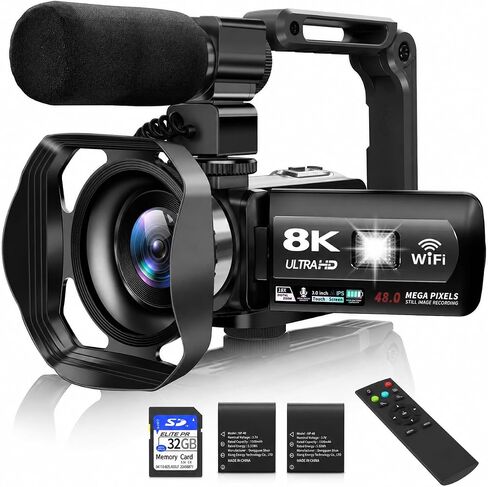 8K Video Camera Camcorder, 48MP UHD Vlogging Camera for Youtubers, with IR Night Vision, WiFi,3" Touch Screen, 18X Digital Zoom, Fill Light, Microphone, Stabilizer, Remote, 2 Batteries in Kuwait