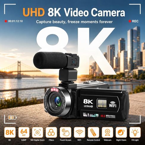 8K Video Camera Camcorder, 48MP UHD Vlogging Camera for Youtubers, with IR Night Vision, WiFi,3" Touch Screen, 18X Digital Zoom, Fill Light, Microphone, Stabilizer, Remote, 2 Batteries in Kuwait