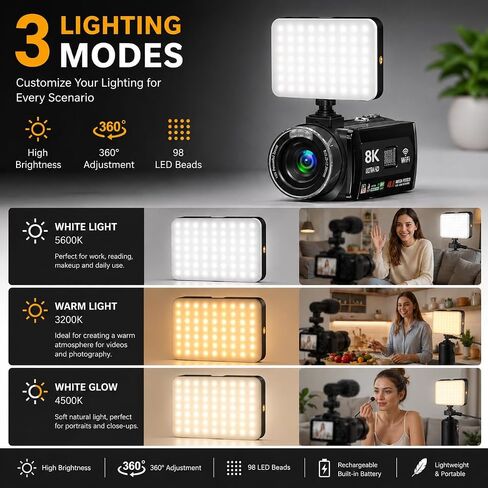 8K Video Camera Camcorder, 48MP UHD Vlogging Camera for Youtubers, with IR Night Vision, WiFi,3" Touch Screen, 18X Digital Zoom, Fill Light, Microphone, Stabilizer, Remote, 2 Batteries in Kuwait