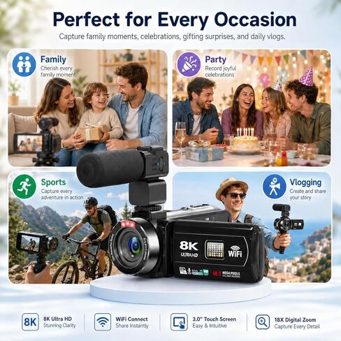 8K Video Camera Camcorder, 48MP UHD Vlogging Camera for Youtubers, with IR Night Vision, WiFi,3" Touch Screen, 18X Digital Zoom, Fill Light, Microphone, Stabilizer, Remote, 2 Batteries in Kuwait