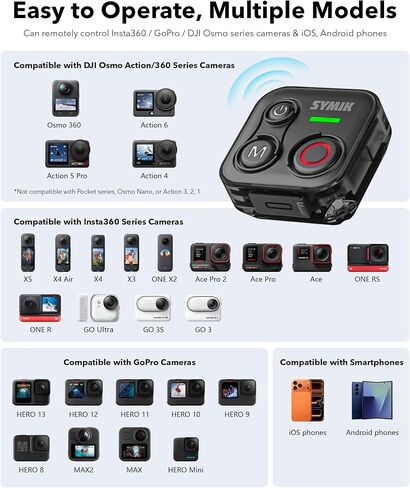 SYMIK Remote Control for Insta360, Bluetooth Remote for GoPro and DJI | Universal Shutter Remote Control for DJI Action Camera & Phone, Splash Resistance, Rechargeable, 230ft Range, 120-H Battery in Kuwait