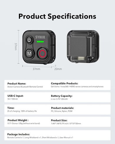 SYMIK Remote Control for Insta360, Bluetooth Remote for GoPro and DJI | Universal Shutter Remote Control for DJI Action Camera & Phone, Splash Resistance, Rechargeable, 230ft Range, 120-H Battery in Kuwait