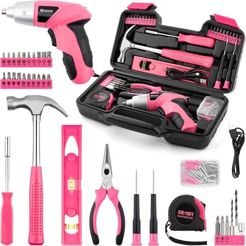 112PC Pink Drill Set, 3.6V USB Cordless Drill & Home Tool Kit | Cordless & Rechargeable, One-Hand Operation, Basic Repair Tools, Portable Case, Great Gift, DIY in Kuwait