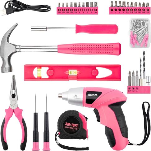 112PC Pink Drill Set, 3.6V USB Cordless Drill & Home Tool Kit | Cordless & Rechargeable, One-Hand Operation, Basic Repair Tools, Portable Case, Great Gift, DIY in Kuwait