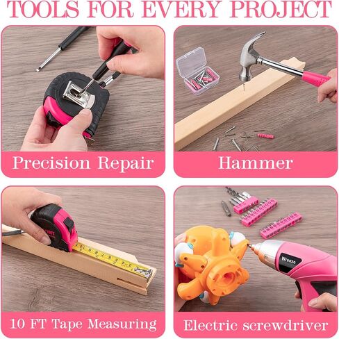 112PC Pink Drill Set, 3.6V USB Cordless Drill & Home Tool Kit | Cordless & Rechargeable, One-Hand Operation, Basic Repair Tools, Portable Case, Great Gift, DIY in Kuwait