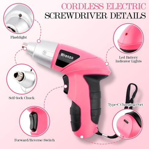 112PC Pink Drill Set, 3.6V USB Cordless Drill & Home Tool Kit | Cordless & Rechargeable, One-Hand Operation, Basic Repair Tools, Portable Case, Great Gift, DIY in Kuwait