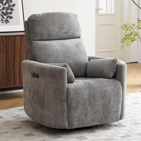 Oversized Power Recliner with Massage and Heat, Swivel Rocker Recliner with Adjustable Headrest, Glider Recliner Nursery Chair with 2 Pillows, rocking nursery recliner for Living Room,Chenille White in Kuwait