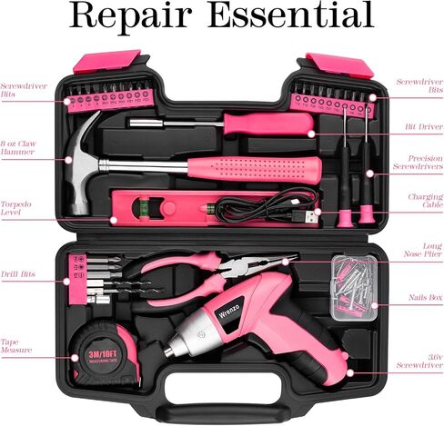 112PC Pink Drill Set, 3.6V USB Cordless Drill & Home Tool Kit | Cordless & Rechargeable, One-Hand Operation, Basic Repair Tools, Portable Case, Great Gift, DIY in Kuwait