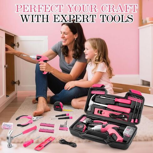112PC Pink Drill Set, 3.6V USB Cordless Drill & Home Tool Kit | Cordless & Rechargeable, One-Hand Operation, Basic Repair Tools, Portable Case, Great Gift, DIY in Kuwait