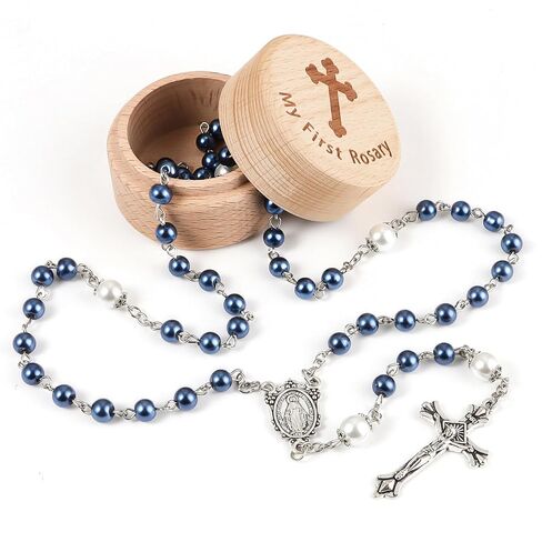 My First Rosary Baptism Gifts Rosary Catholic Keepsake Box for Baby Shower First Communion Christian Beads Gifting Set (Blue) in Kuwait