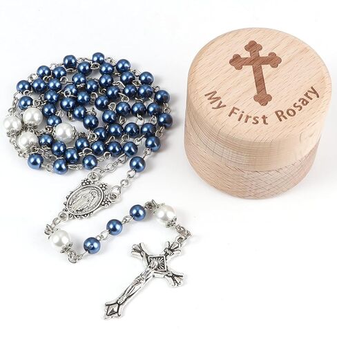 My First Rosary Baptism Gifts Rosary Catholic Keepsake Box for Baby Shower First Communion Christian Beads Gifting Set (Blue) in Kuwait
